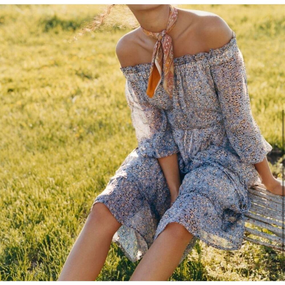 Anthropologie Blue Floral Off-Shoulder Midi Dress